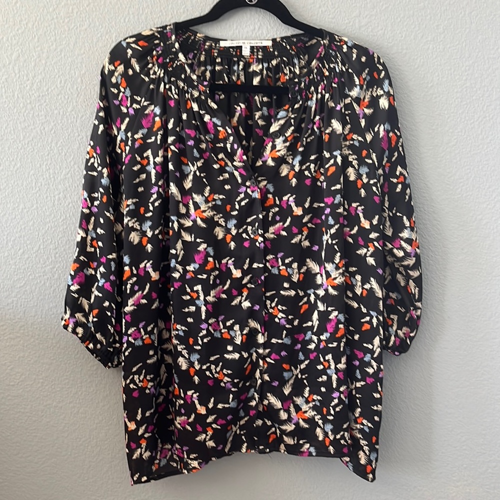 Collective concepts size 1X blouse, black with pink, blue, orange, cream…